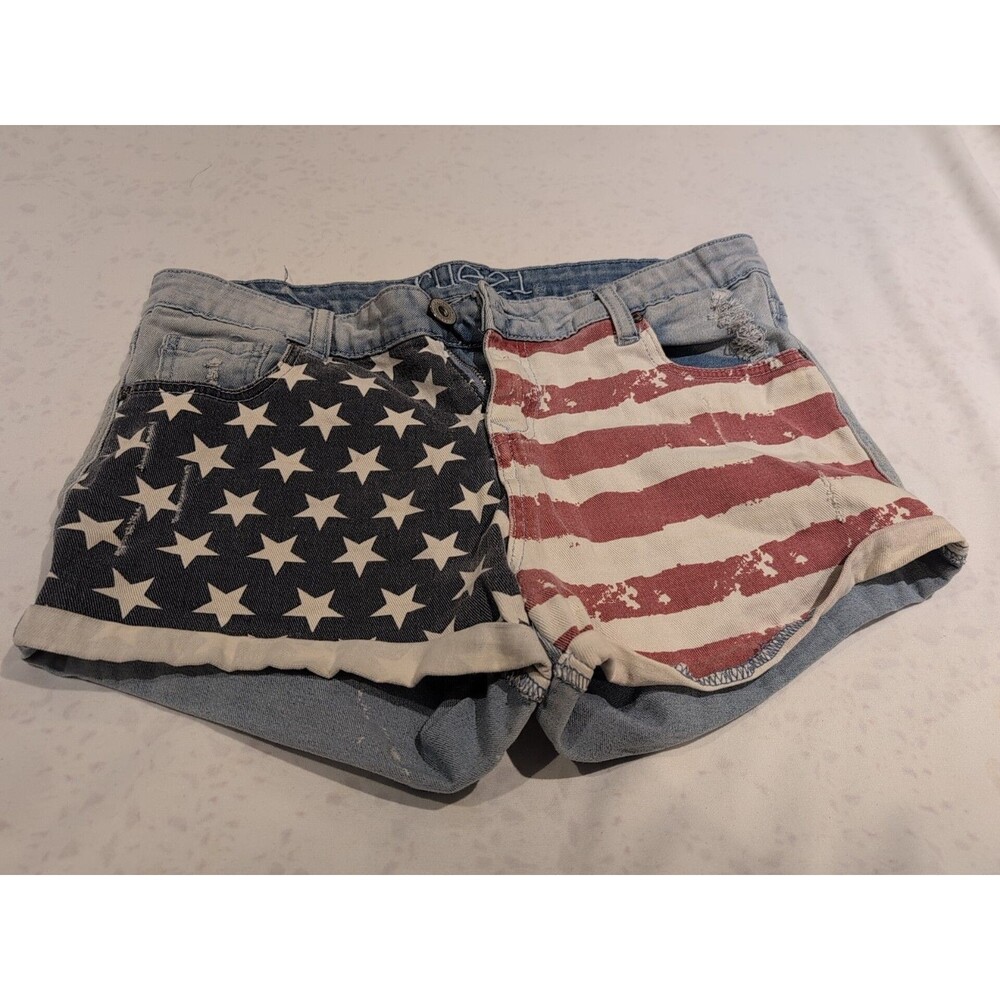 Rue21 Womens Jean Shorts Sz 7/8R Destressed Star & Stripes High Waisted